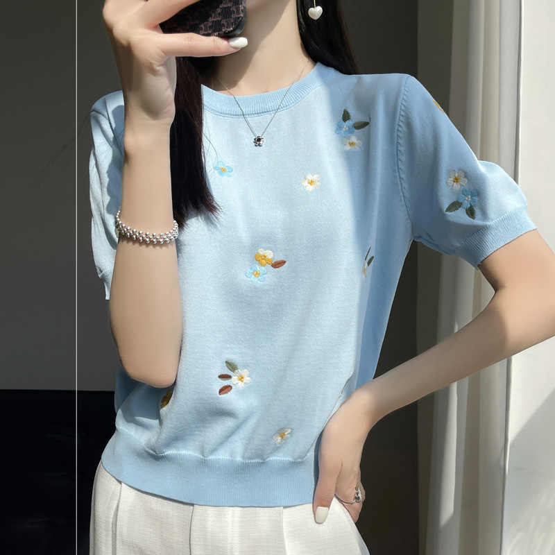 春夏新款甜美减龄刺绣女圆领冰丝针织短袖T恤半袖上衣打底衫|undefined