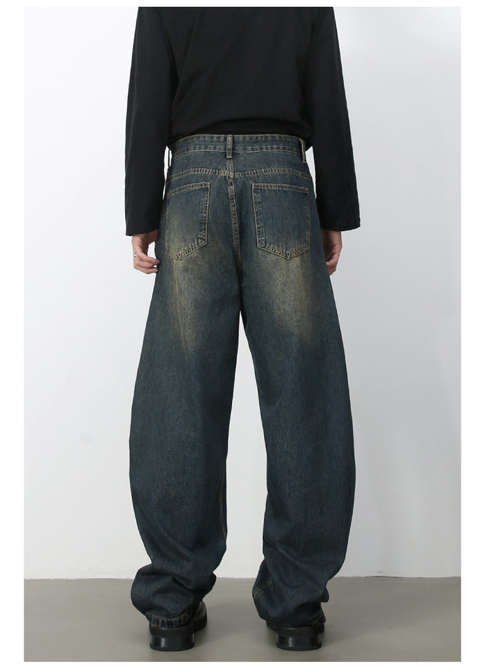 Quần jean nam ống rộng dáng suông cạp vừa phong cách đường phố — Denim đen, Làm cũ, Màu trắng, Màu xanh lam chi tiết 12