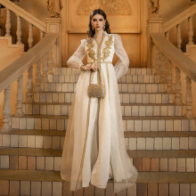 跨境欧美中东女装新款高级长袖V领绣花网纱大摆宴会晚礼服连衣裙