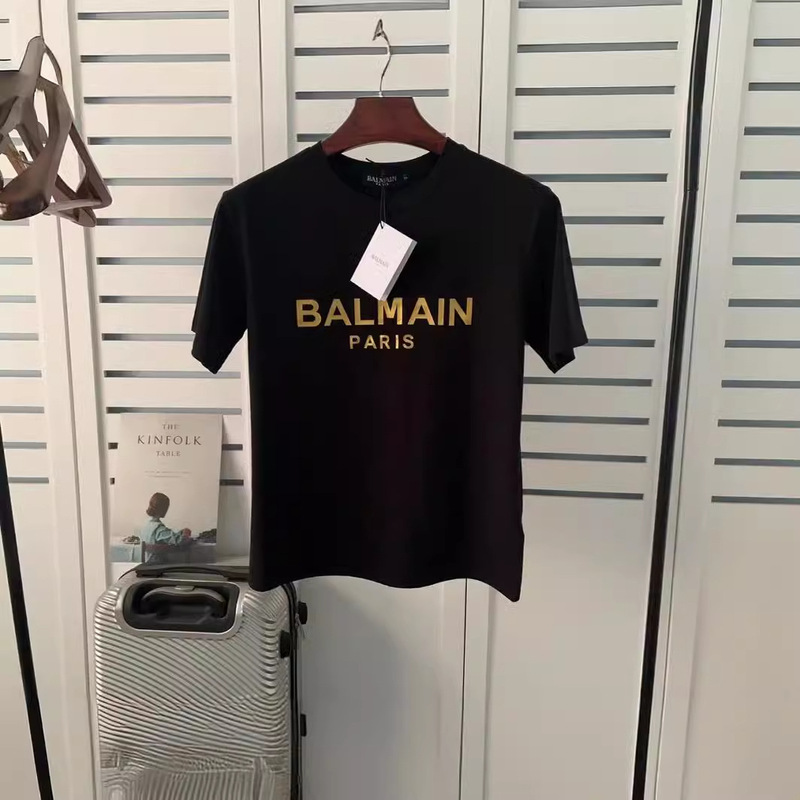 2026 Spring/Summer New Balmain Short-Sleeve T-Shirt with Gold Lettering, Cotton, Loose Fit, Pullover, Couple Style