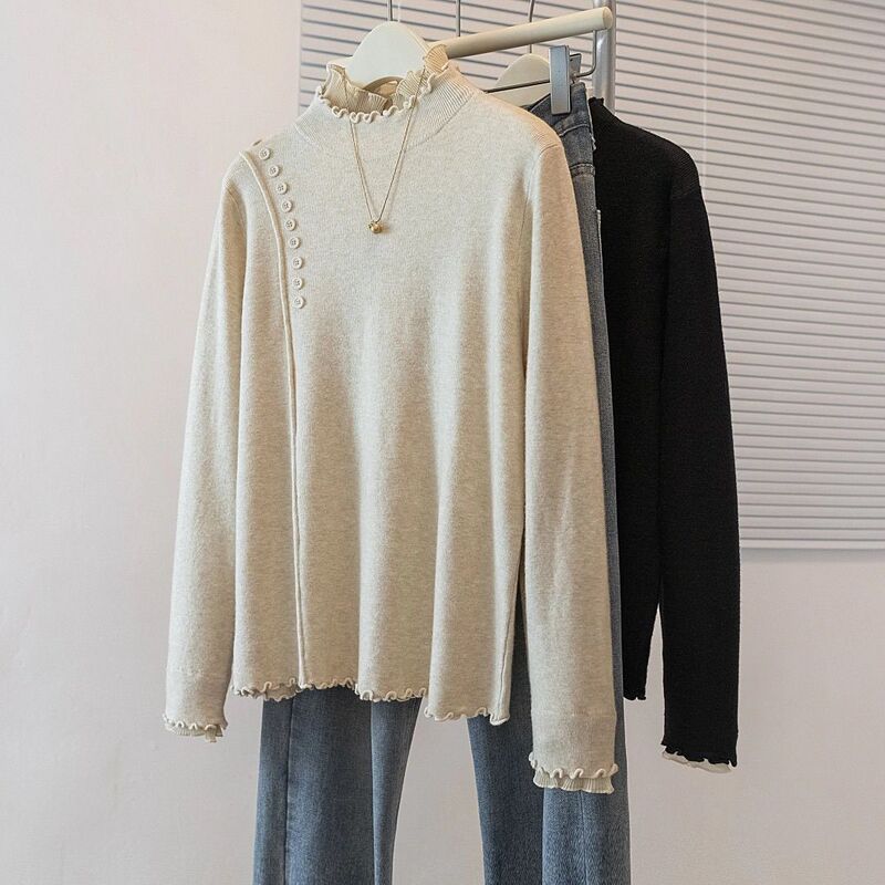 Half-High Collar Long-Sleeve Knit Base Shirt for Women, Spring and Autumn Plus-Size Top with Lace Trim, New Sweater Model
