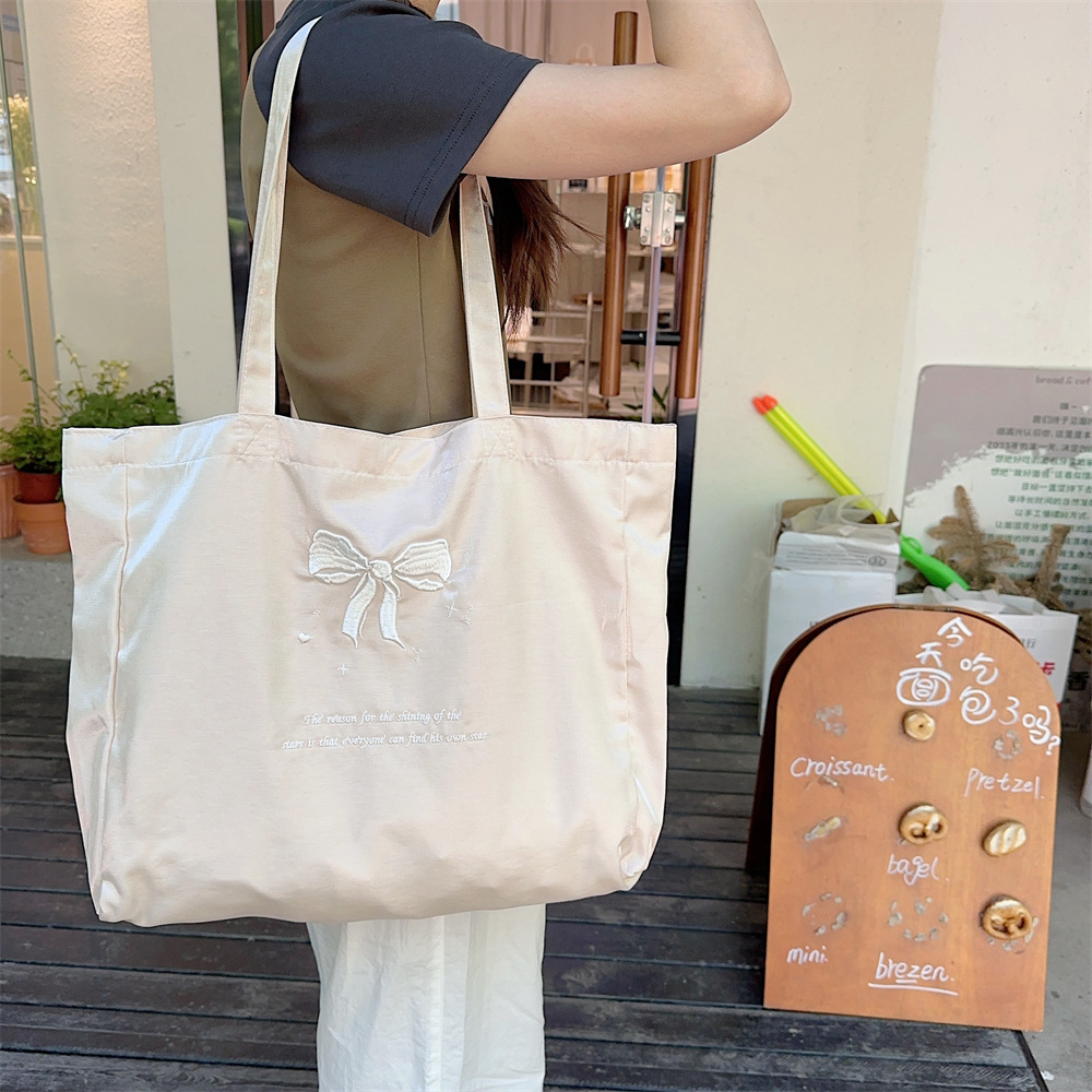 44284 large-capacity double-sided embroidered bow, sweet tote bag, single-shoulder cloth bag, canvas schoolbag for girls undefined
