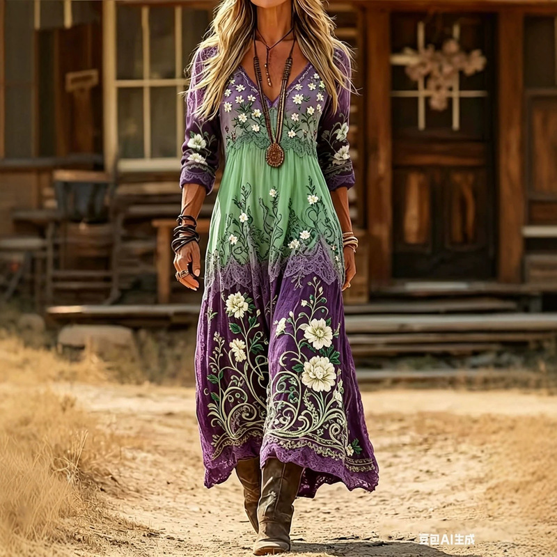 2026 cross-border Amazon Temu creative tie-dye 3D printed women's new V-neck long-sleeve midi dress 2026 cross-border Amazon Temu creative tie-dye 3D printed women's new V-neck long-sleeve midi dress