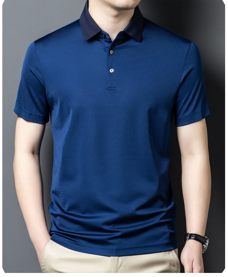 Áo polo nam tay ngắn lụa dâu tằm mỏng nhẹ, không đường may, form tay lỡ thoải mái — Màu xanh lam 25087 chi tiết 9