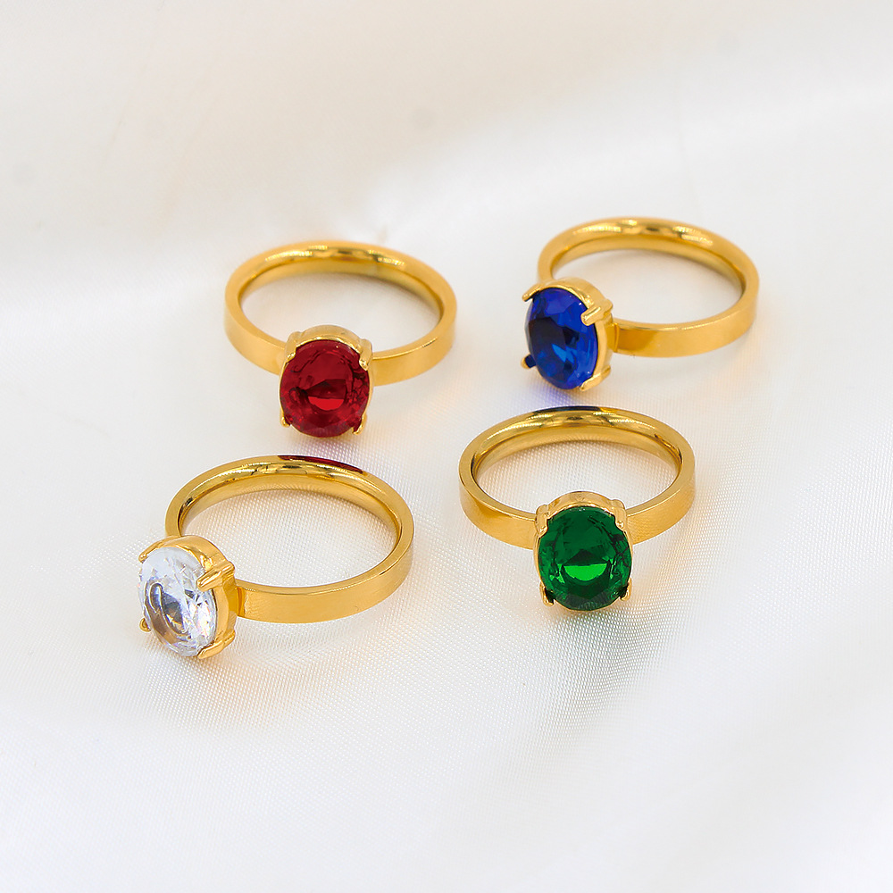 Titanium Steel Material 18K Gold Plated Plating Fashion Oval Titanium Steel Plating Zircon Rings