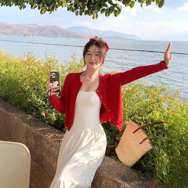 Cardigan with Strap Women's Jacket Spring and Autumn 2025 New Red Knitted Top for Spring Wear