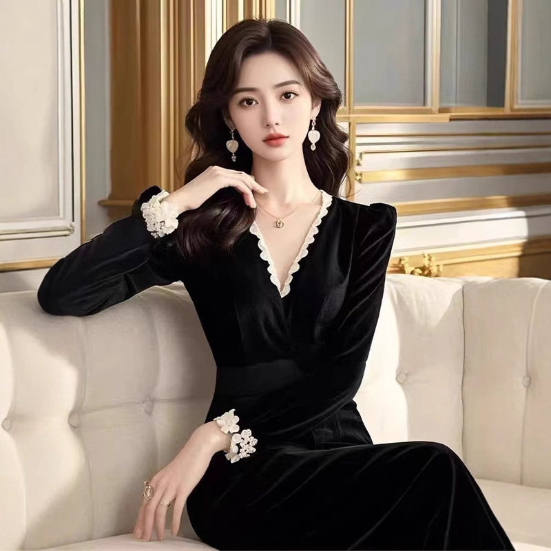 Autumn and Winter Formal Occasion Banquet Dress Elegant Socialite Light Luxury High-end Dame Women's Black Velvet dress