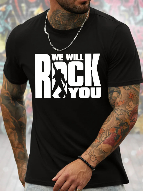 Cross-Border European and American Plus-Size Men's Rock-Themed Fun Graphic Print Loose Casual Cotton Letter T-Shirt