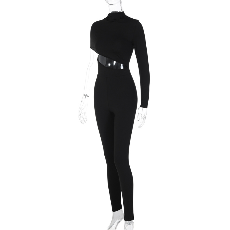 Women Clothing Autumn Sexy Personalized High Elastic Shoulder Long Sleeve Jumpsuit