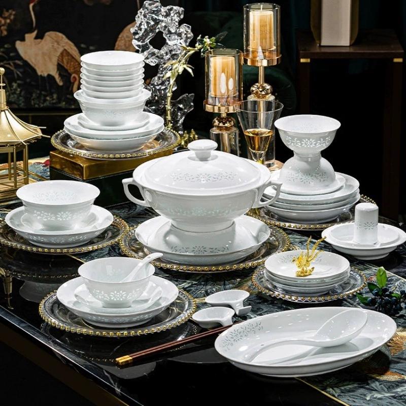 Jingdezhen белый фарфор Линглонг посуда глазурованный набор тарелок совмещенная элитная посуда для дома подарок здоровье для переезда