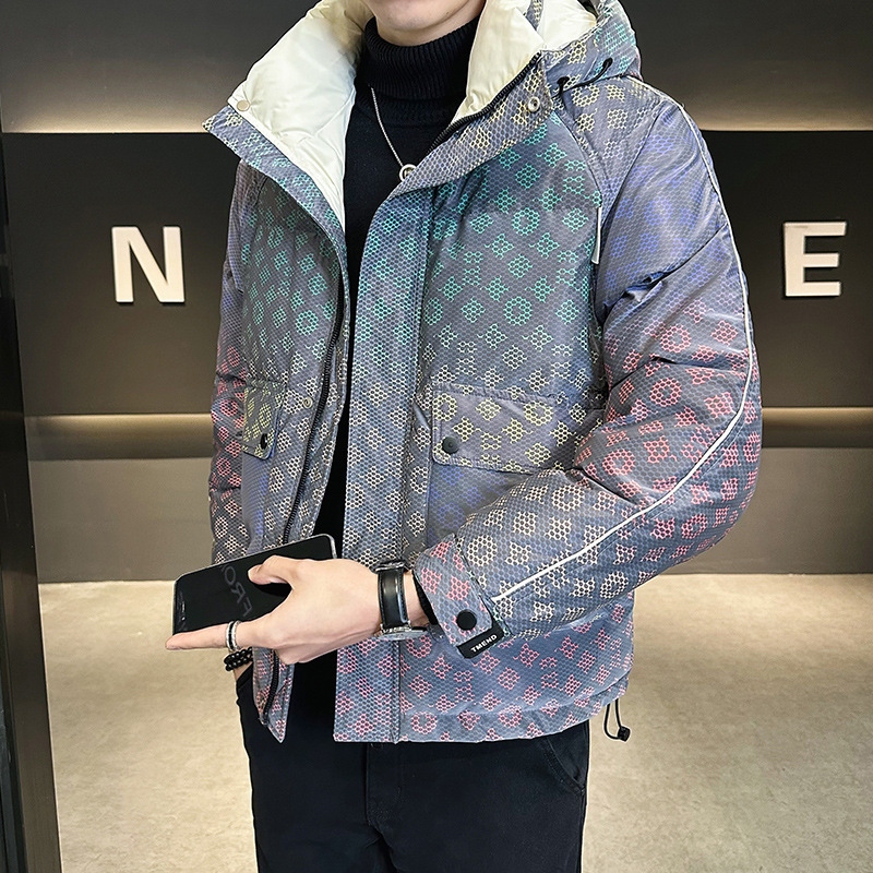 Tiktok popular 2023 winter men's and women's same gradient flower super slim hooded down jacket thickened youth fashion