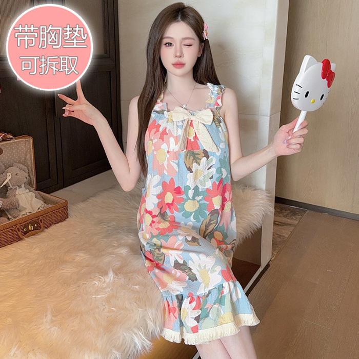 Pijama de algodón de burbujas para mujer, verano dulce, camisón de longitud media con almohadilla para el pecho, talla grande 200 kg, ropa de hogar para uso exterior