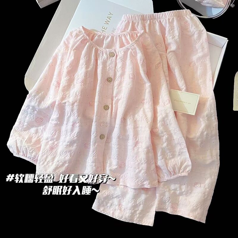 Popular KT Cat pajamas with chest pads, long-sleeved and long-pants, sweet cartoon style, can be worn outside, home wear set for women Popular KT Cat pajamas with chest pads, long-sleeved and long-pants, sweet cartoon style, can be worn outside, home wear set for women