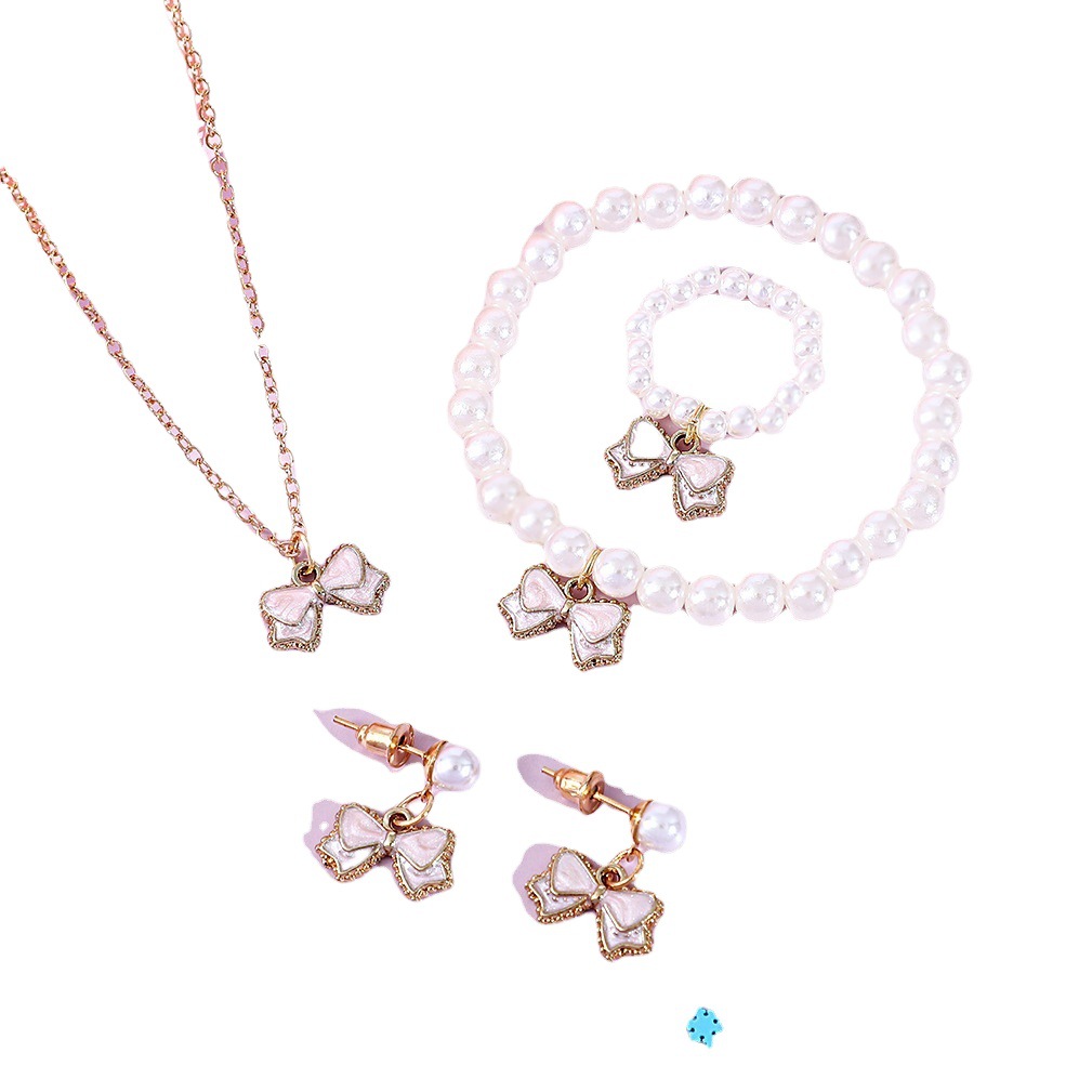 Cross-border Pearl Children's Jewelry Set Cute Little Girl Alloy Oil Dropping Bow Necklace Bracelet Ring Earrings