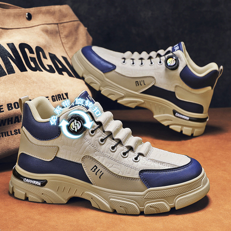 Botones rotativos de estilo retro de cuero de empalme sin correa botas Martin de otoño al aire libre a prueba de viento botas de hombre