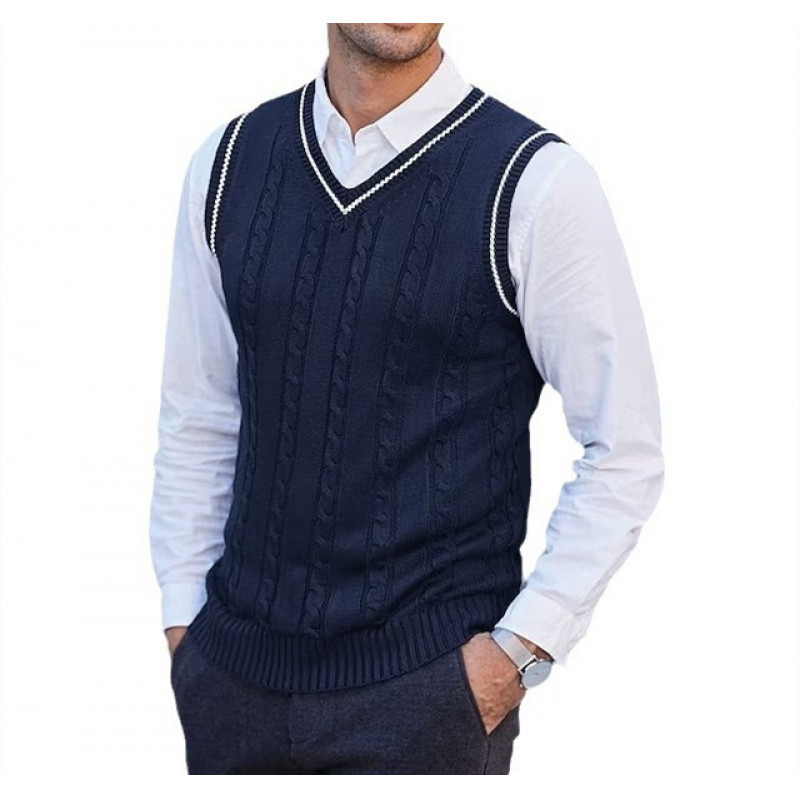 2026 Autumn/Winter Men's V-neck Sleeveless Knit Vest, Warm Sweater, Thin Solid Color Wool Vest