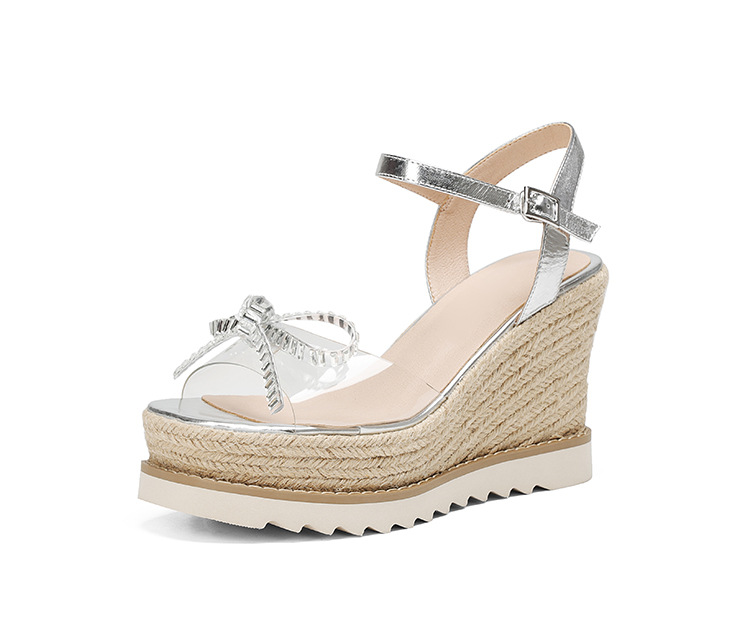 Sandal cao gót nữ hở mũi quai ngang đính đá pha lê, đế xuồng đan rơm, gót 9.5 cm — bạc chi tiết 12