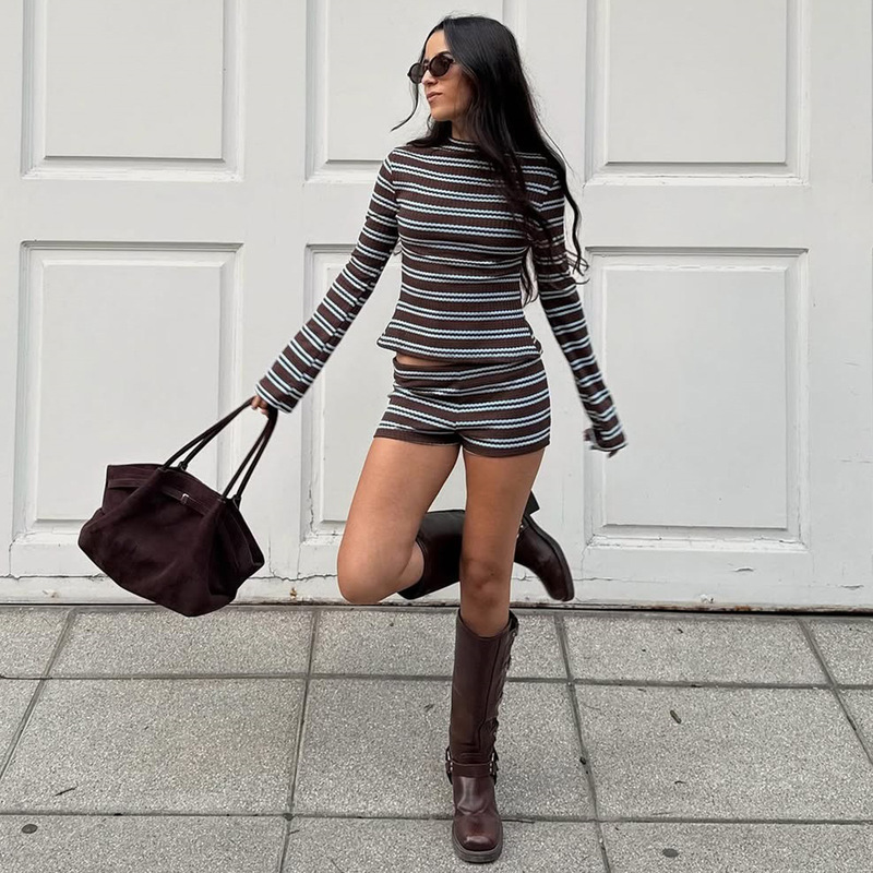 42211Sbg Cross-Border 2025 Autumn New Product Temu Hot-Selling Slim-Fit Round-Neck Elastic European and American Striped Suit