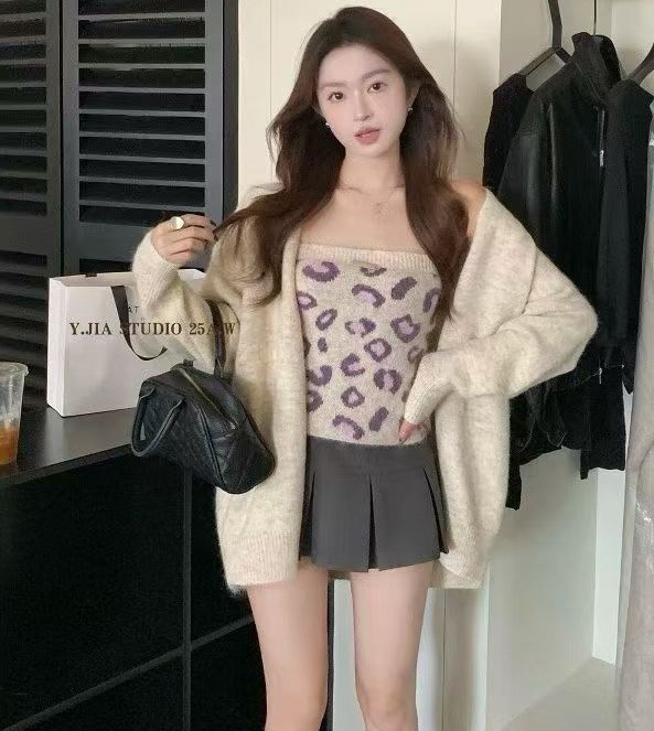 韩版小众时尚慵懒风长袖针织开衫豹纹抹胸搭配女秋季新款潮流百搭|undefined