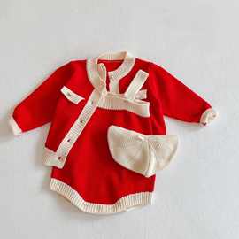 2023春装大红色女宝宝套装开衫外套+哈衣婴儿哈衣爬服两件套单拍