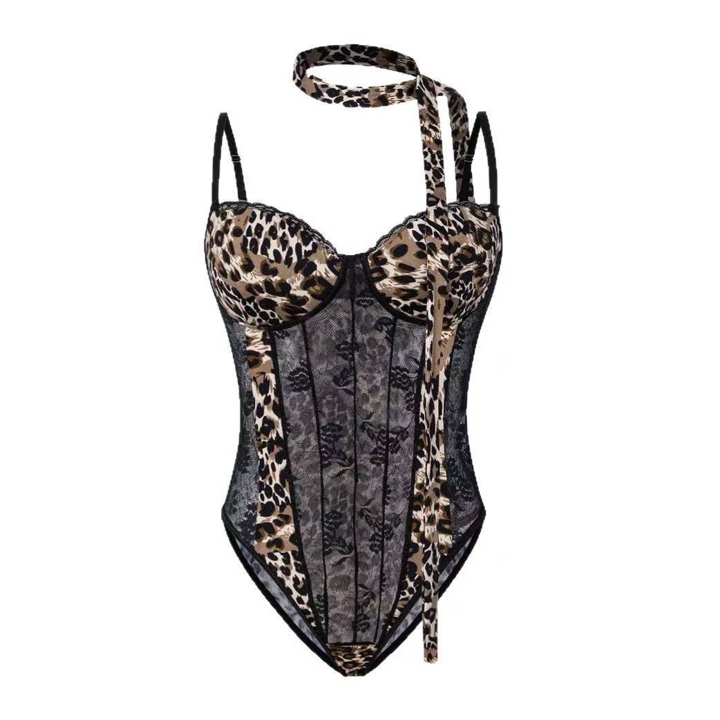 Leopard Print Mesh One-Piece Camisole with Fishbone Tube Top, Sexy American-Style Summer Bodysuit for Women — detail image 4