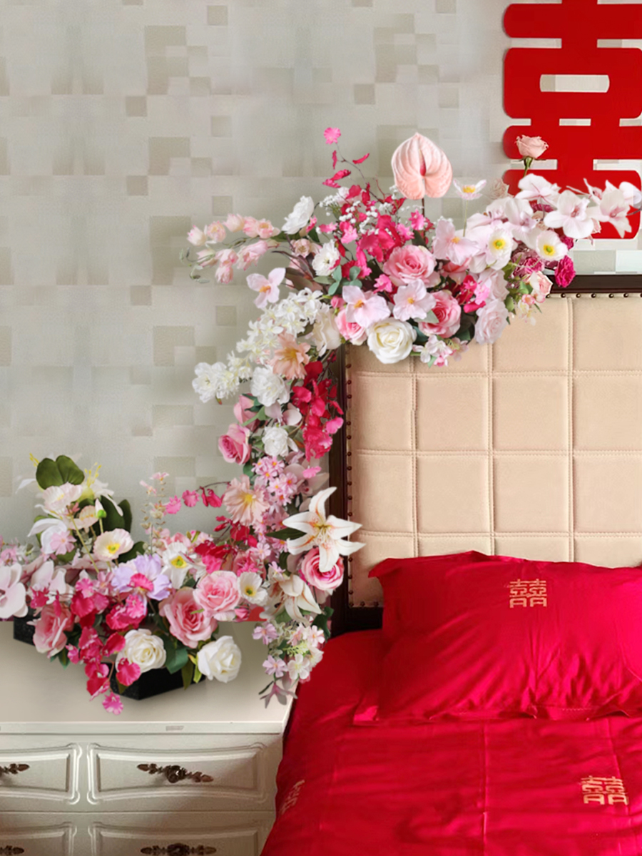 New Chinese wedding room decoration floral rose red bedside flower table flower sofa air conditioning top simulation flower bouquet