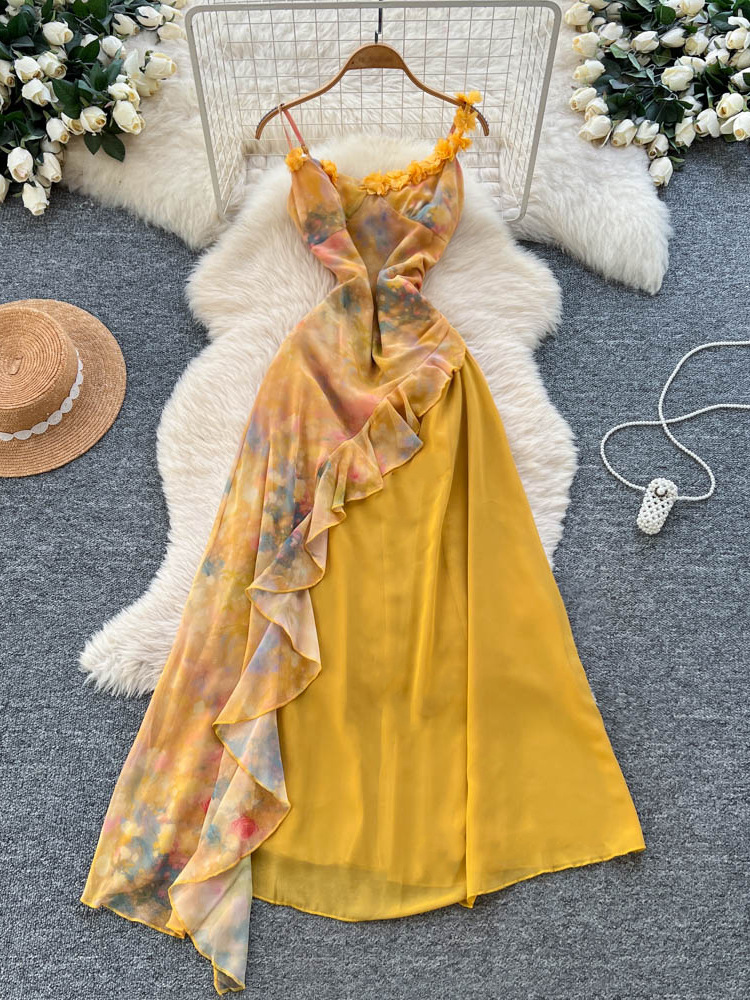 French Atmosphere Three-Dimensional Flower Suspender Dress for Women Pure Desire Irregular Floral Ruffle Splicing Long Skirt