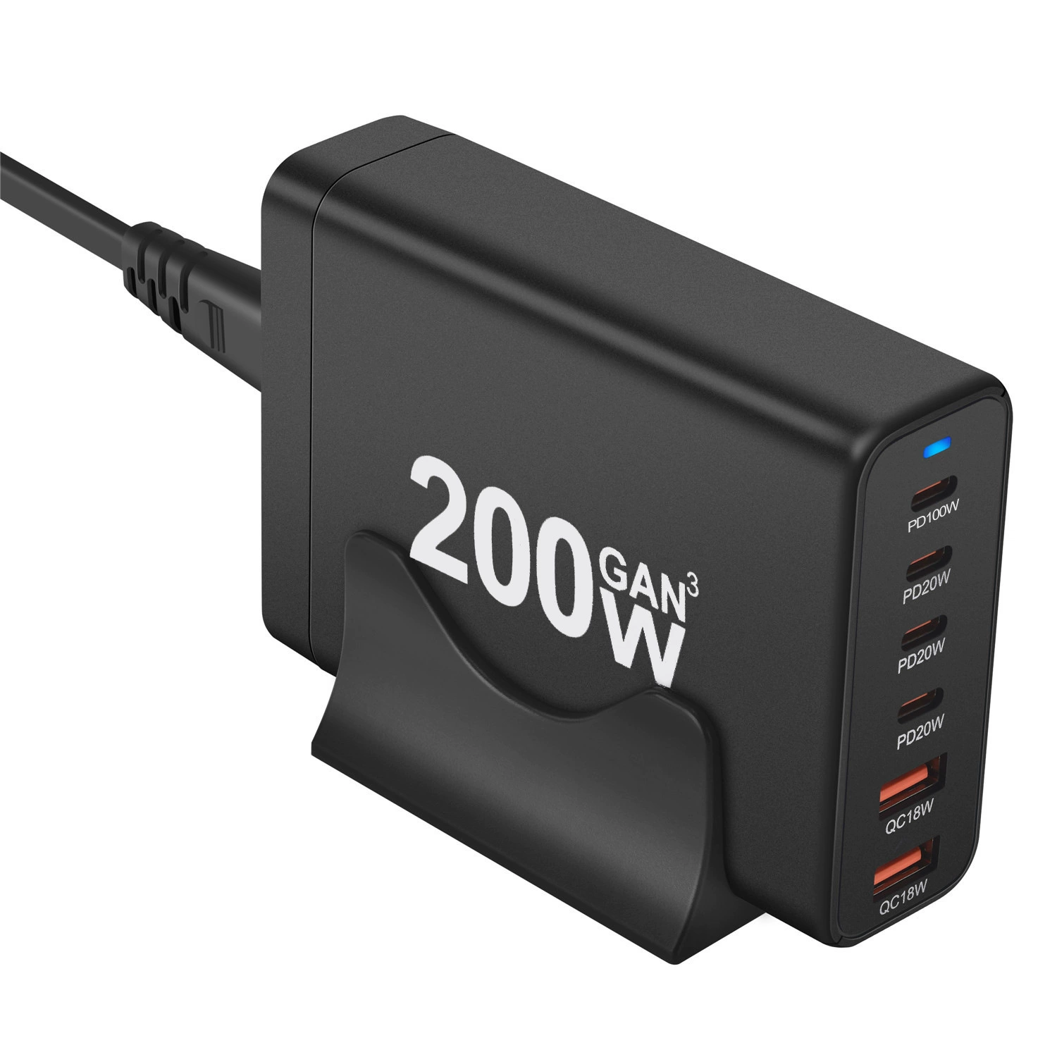 Зарядное устройство GaN на 200W, многоразъемное PD/QC USB-C & USB-A, сменные-plug варианты (US/EU/UK/AU)