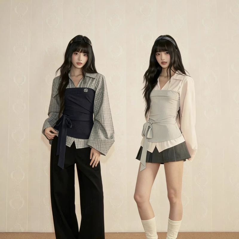 Popwest丨Patchwork Faux Two-Piece Shirt, Unique Color-Blocking Shirt, Waist-Cinching Long-Sleeve Top, Wide-Leg Pants Set for Women Popwest丨Patchwork Faux Two-Piece Shirt, Unique Color-Blocking Shirt, Waist-Cinching Long-Sleeve Top, Wide-Leg Pants Set for Women