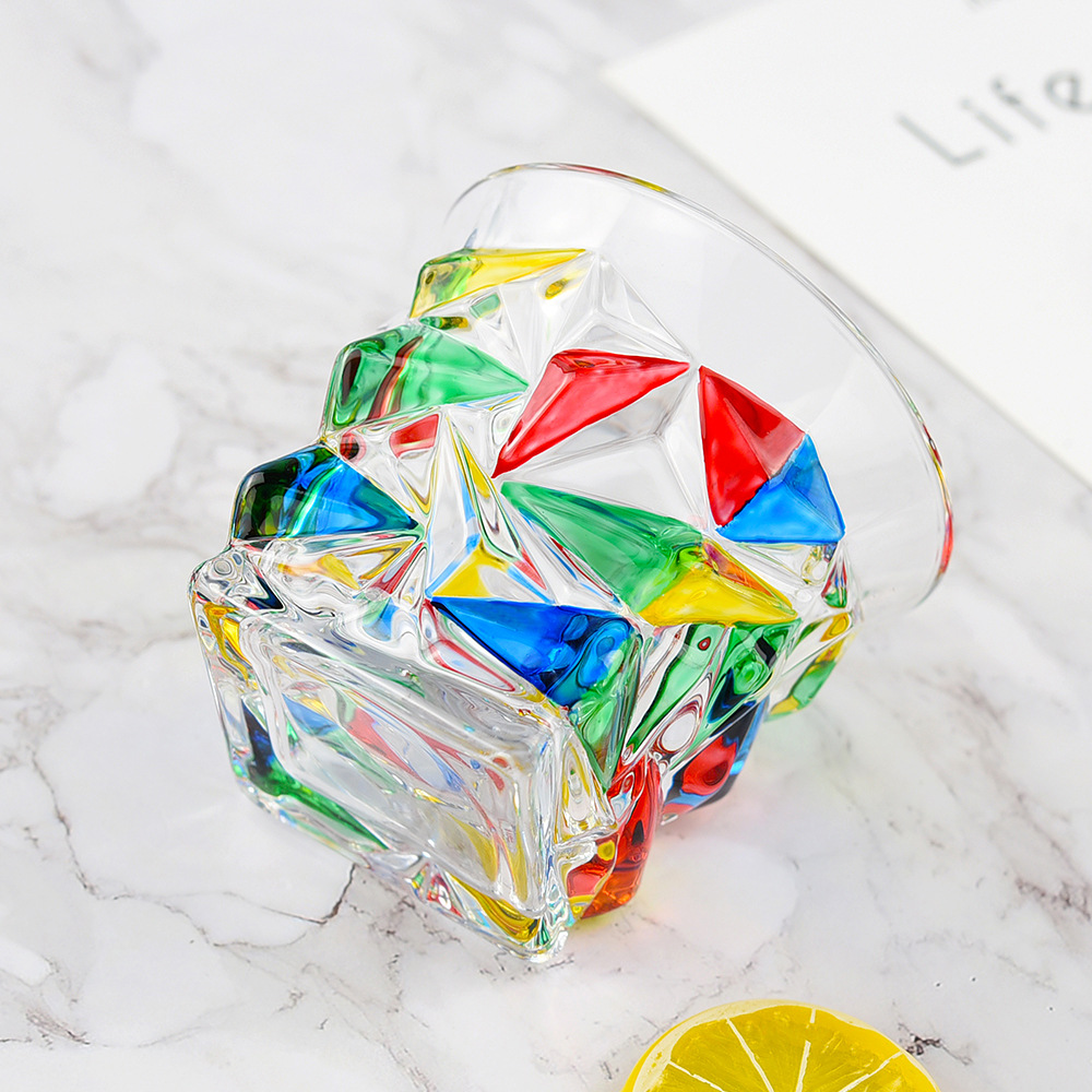 家居生活摆件好物 手工彩绘七彩红酒高脚杯 复古彩绘玻璃冰河杯