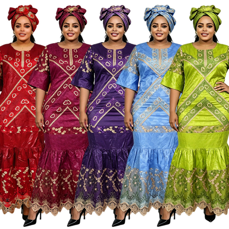 African Plus-Size Women's Clothing Aliexpress Robe Headscarf European and American Amazon Cross-Border Embroidered Patchwork Dress