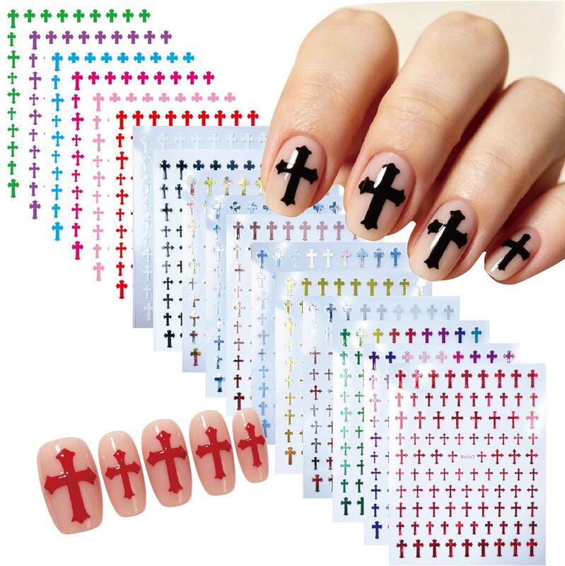 New Style Chrome Hearts Cross Nail Stickers, Gold and Silver Foil Adhesive Nail Decorations, Cross Nail Stickers