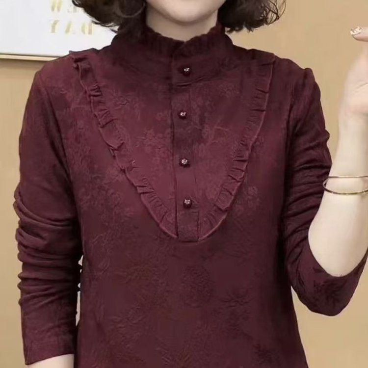 One-Piece Drop-Shipping Autumn and Winter New Fashion Versatile Half-High Collar Ruffled Pullover Age-Reducing Slimming Base Shirt for Women