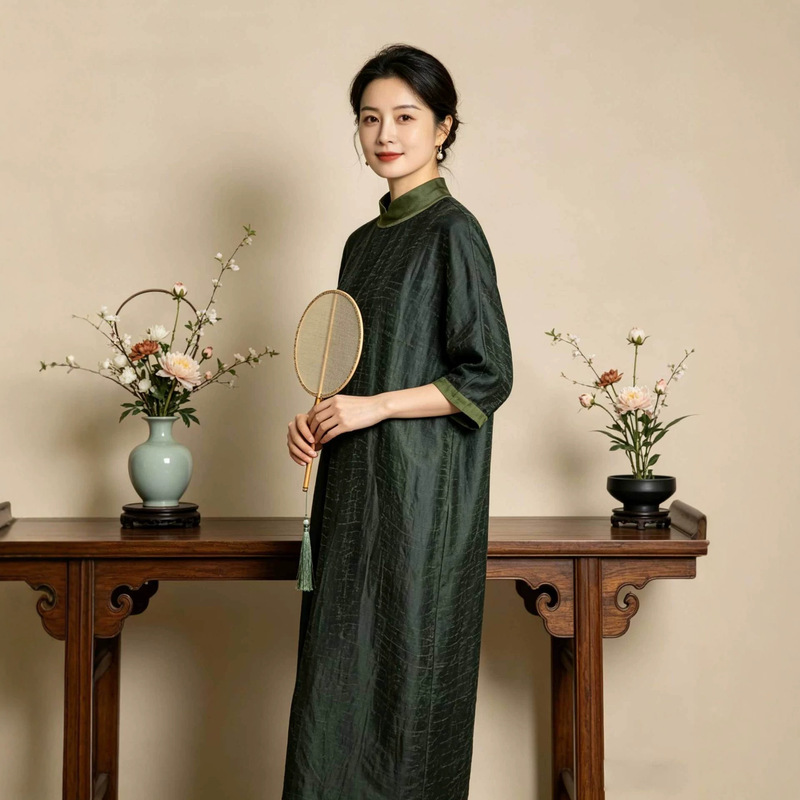 Summer New High-End Silk Mulberry Silk Green Short-Sleeved Dress Xiangyunsha Elegant Long Dress Summer New High-End Silk Mulberry Silk Green Short-Sleeved Dress Xiangyunsha Elegant Long Dress
