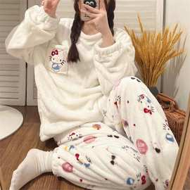 秋冬hellokitty凯蒂猫珊瑚绒保暖长袖法兰绒ins少女家居服套装