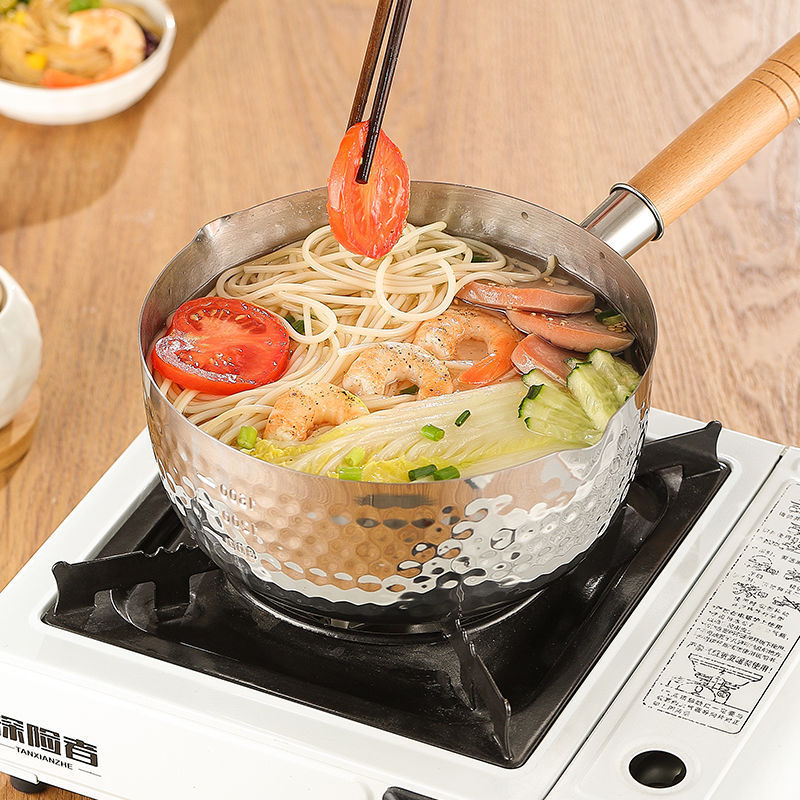 Stainless Steel Yukihira Pot with Wooden Handle, Japanese-Style Flat-Bottomed Household Food Supplement Pot, Noodle Cooking Hammered Milk Pot, Non-Stick Soup Pot