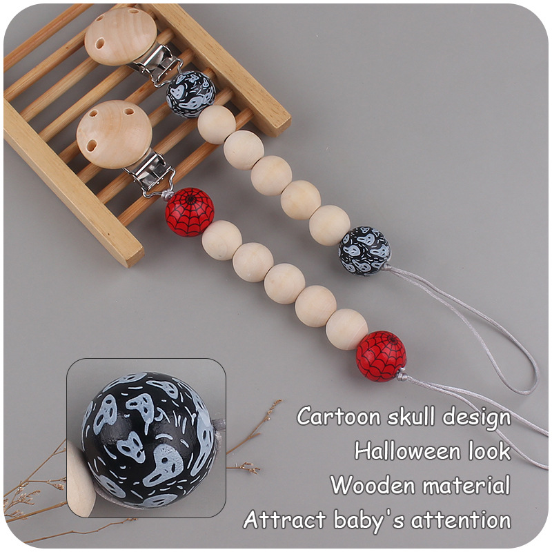 Nuevos suministros para bebés Hemu chupete Cadena de dibujos animados de Halloween patrón de madera cuentas Cadena de chupete cadena anti-caída