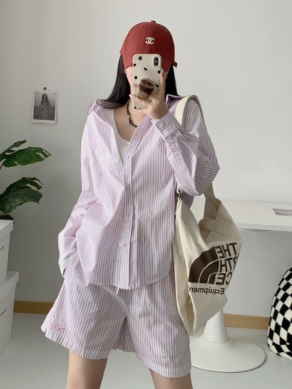 Koujia シャツ レディース 25 年クラシック刺繍馬車ストライプラペルポケットルーズシャツハイウエストショーツセット|undefined