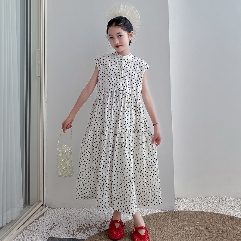 Qz3458 Summer New Korean Style Children's Clothing for Girls and Older Children Family Dress Sleeveless Polka Dot Princess Dress