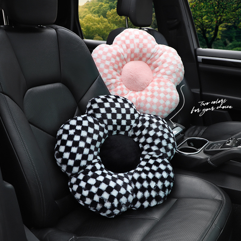 Car Headrest Neck Pillow Creative Flower Grid Car Comfortable Neck Pillow Support Cushion Winter Warm Car Lap Pillow