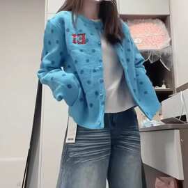 美式复古2026早秋季波点圆领开衫毛衣外套女短款软糯慵懒风针织