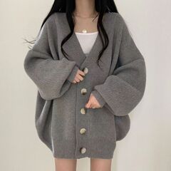 2025年秋冬季v领灯笼袖宽松毛衣女外套韩国chic休闲慵懒风针织衫