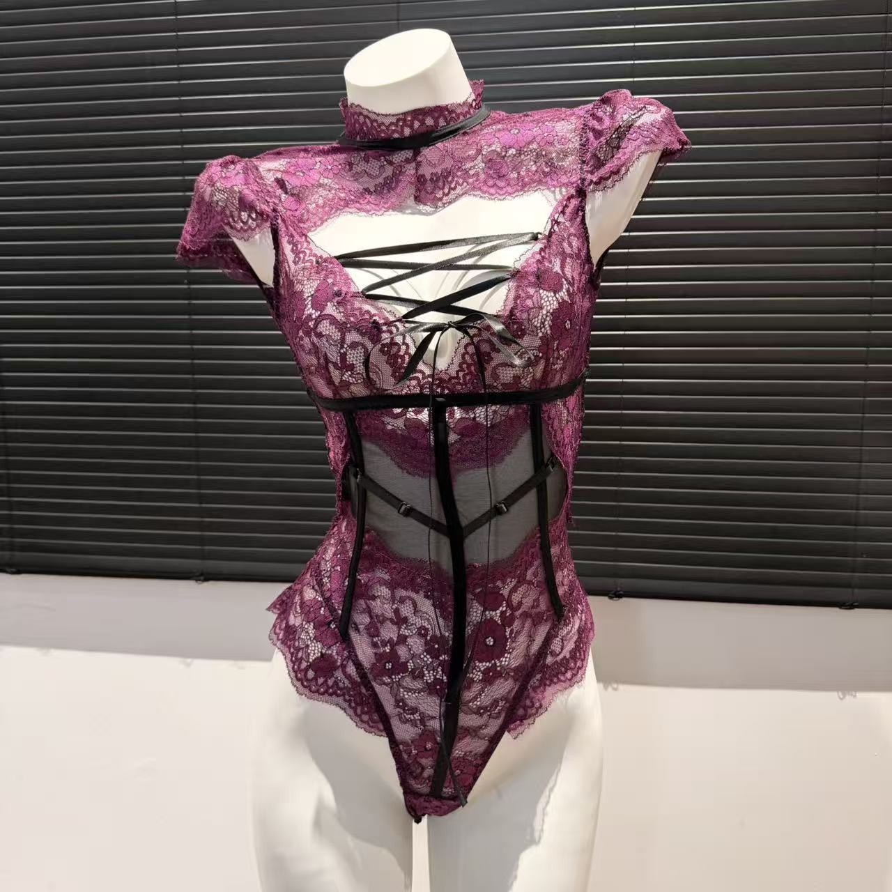 French Style Lace Patchwork Bodysuit And Uniform Lingerie Set_voghion.com