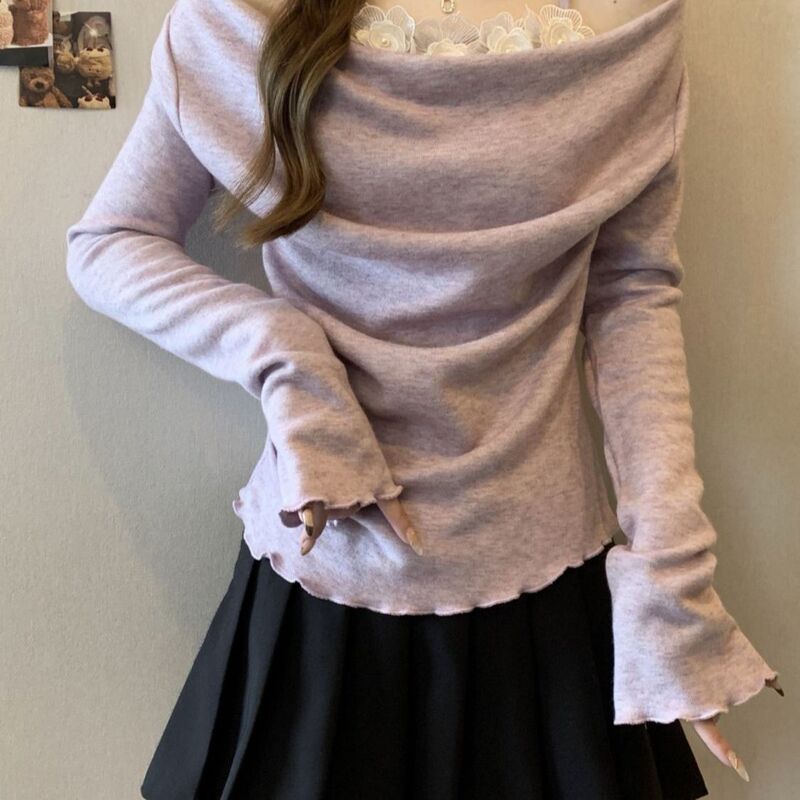 Plus Size Velvet Sweet and Spicy One-Shoulder Long-Sleeved T-Shirt for Women Spring & Fall New Fat mm Loose Slimming Look Lace Top