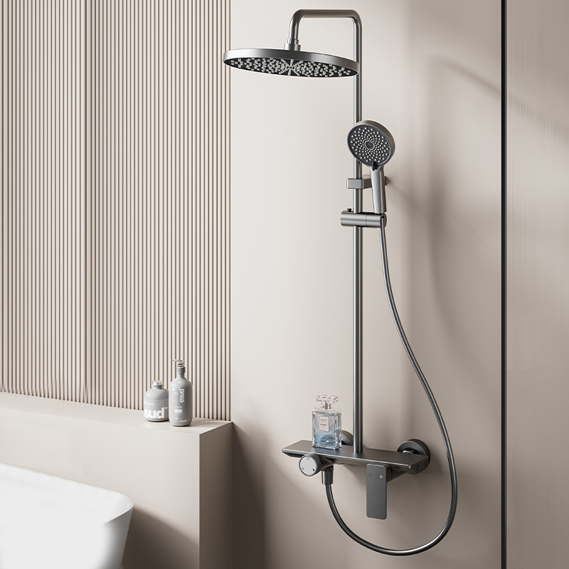 Conjunto de ducha completo con interruptor de perilla de aluminio espacial, color gris plomo, diseño redondo y oculto.