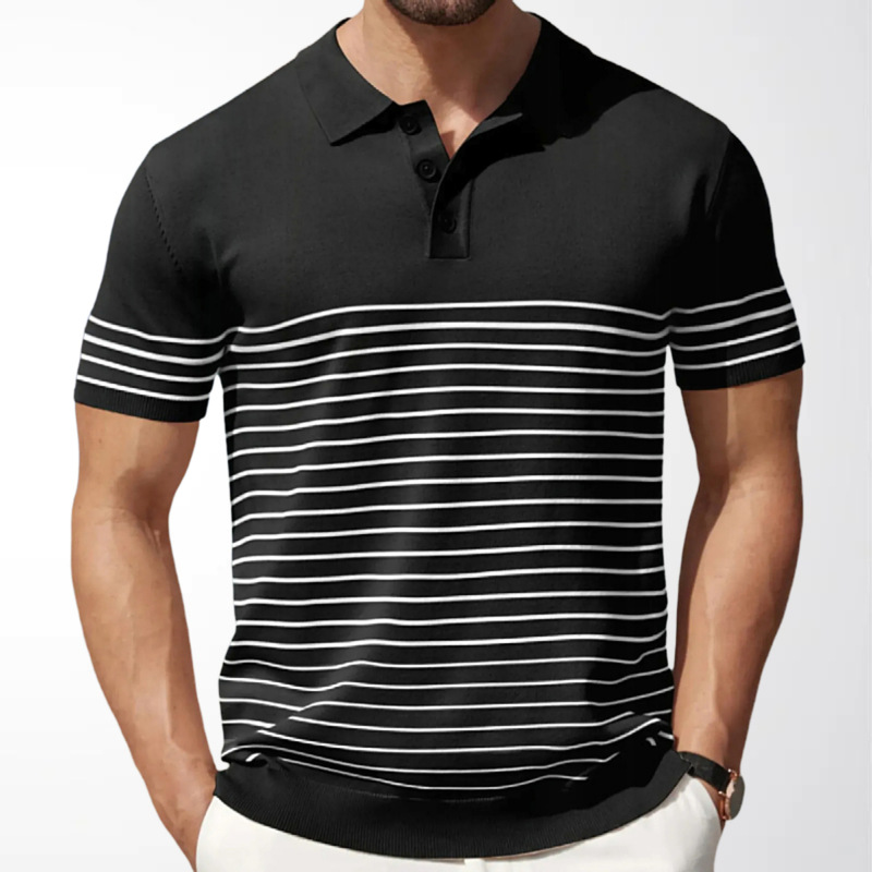 Simple Black and White Striped Men's Knitted Polo Shirt for Commuting and Casual Wear, Short-Sleeved Men's Clothing from the Source Factory Sy0151 Simple Black and White Striped Men's Knitted Polo Shirt for Commuting and Casual Wear, Short-Sleeved Men's Clothing from the Source Factory Sy0151