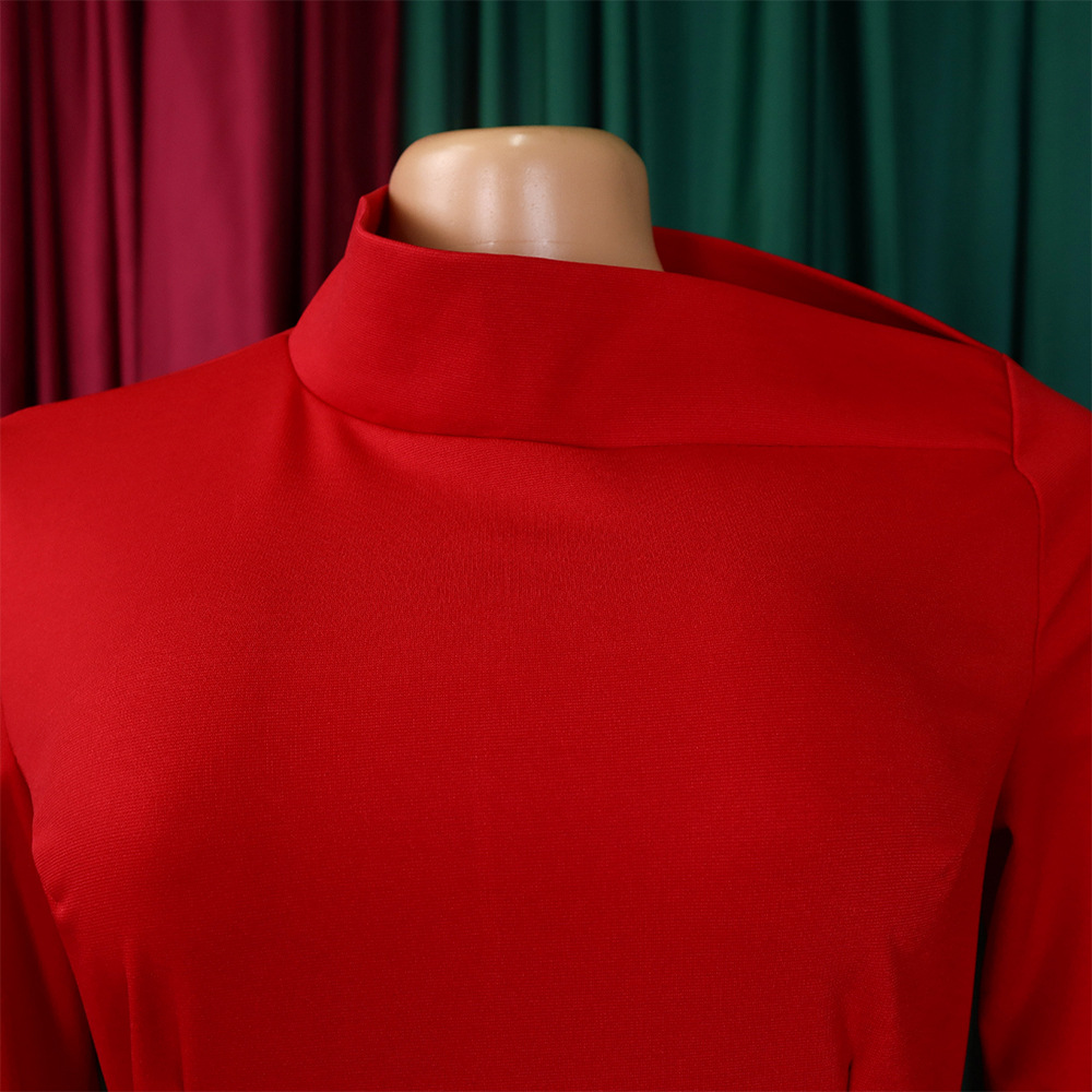 Autumn Winter Long Sleeve Narrow Office Diagonal Collar Solid Color Dress