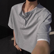 美式假两件亨利领重磅短袖T恤男夏季款情侣潮牌痞帅小众设计半袖