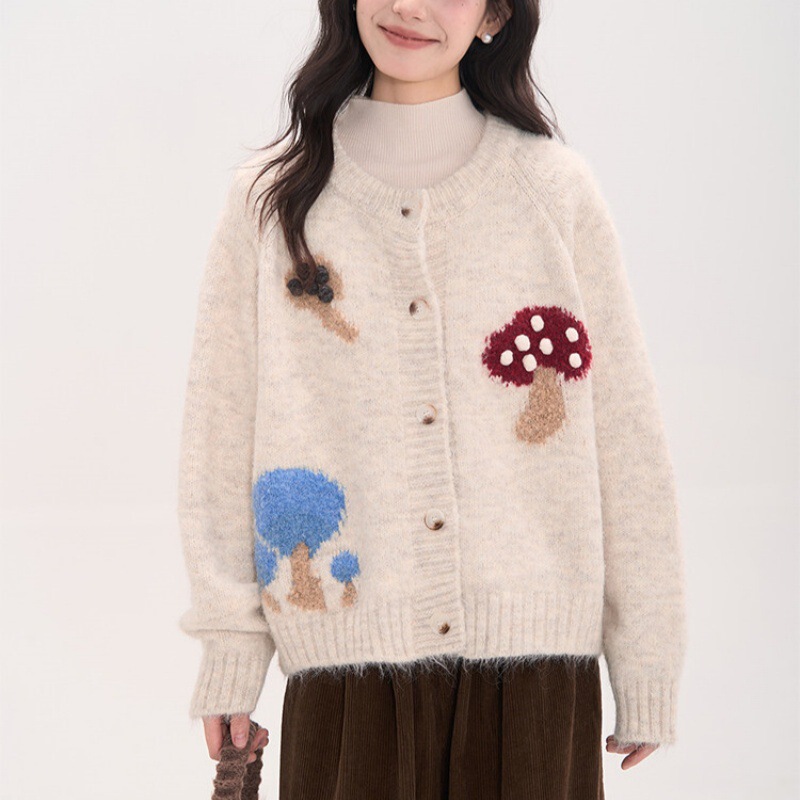 Korean-style casual mushroom jacquard knit cardigan for women, new autumn and winter soft sweater coat, college-style top for women Korean-style casual mushroom jacquard knit cardigan for women, new autumn and winter soft sweater coat, college-style top for women