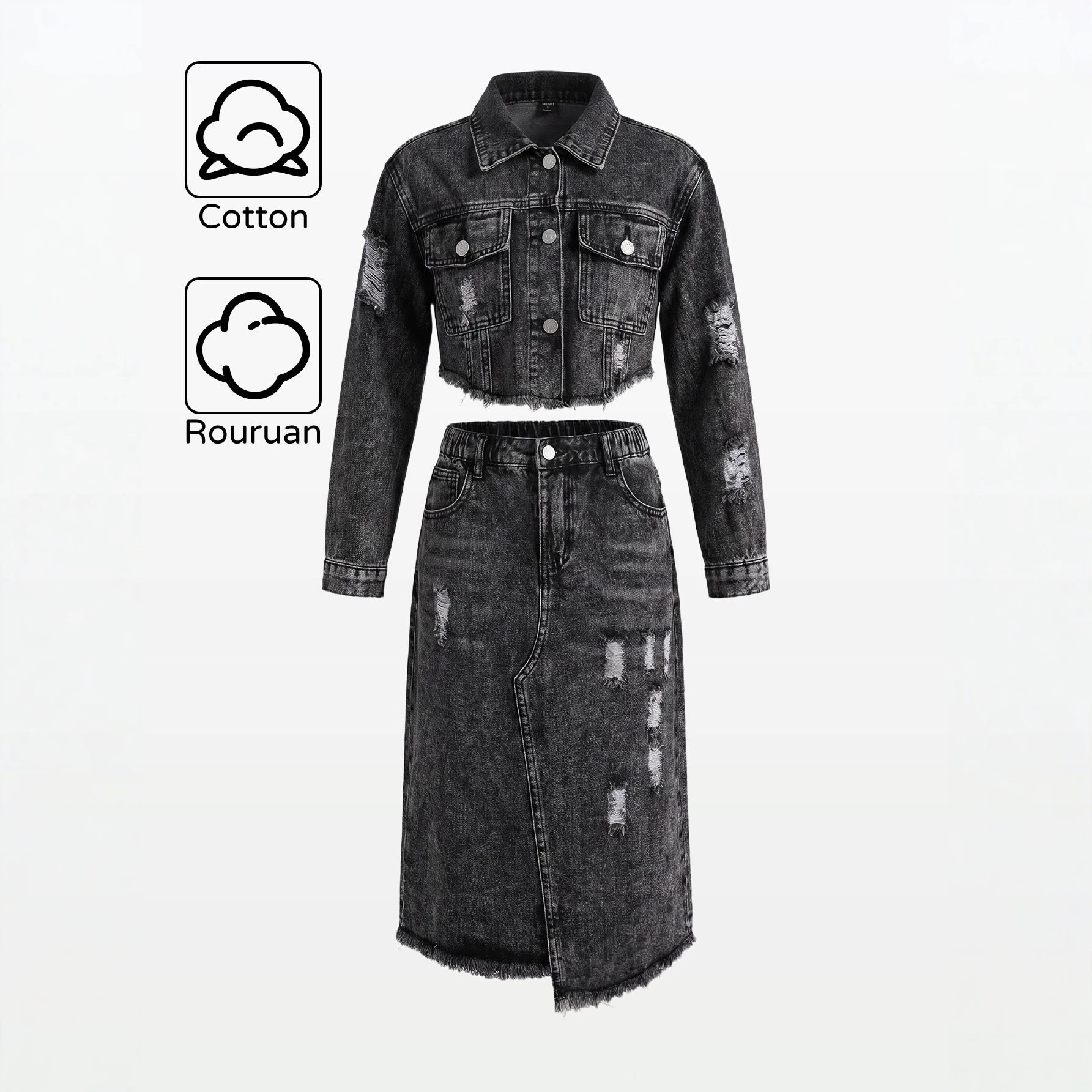 Amazon Cross-Border Girls' European and American Ins Style Casual Versatile Short Denim Skirt and Jacket Set for Older Children